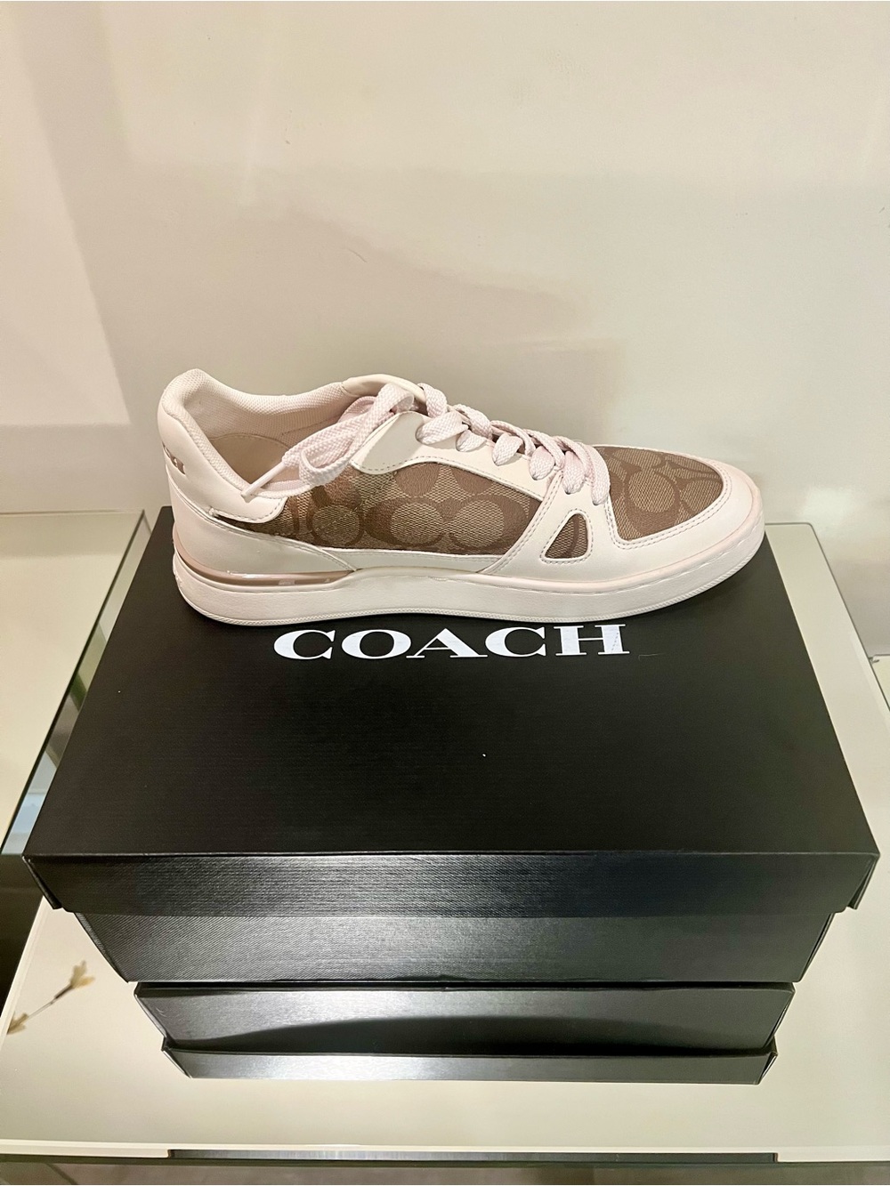 Coach Beige Monogram Canvas and White Leather Sneakers